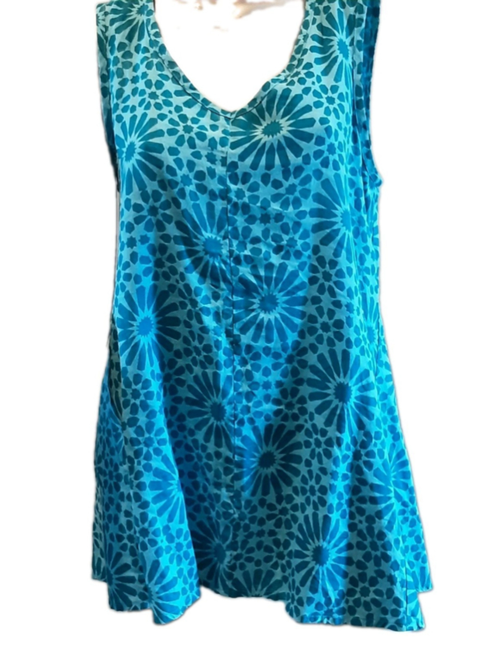 FLAX Designs-Linen-Flourish Tunic-AQUA Starburst-Swingy Summer Top Sz Petite